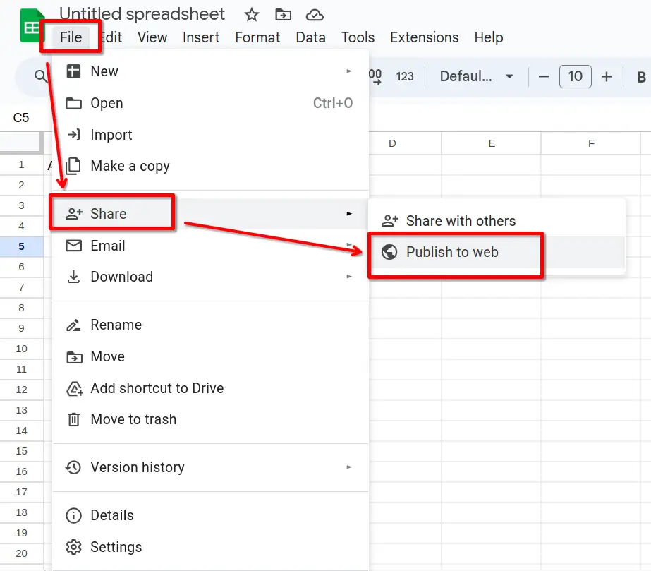 Cliques na interface do Google Sheets para publicar a planilha na web.