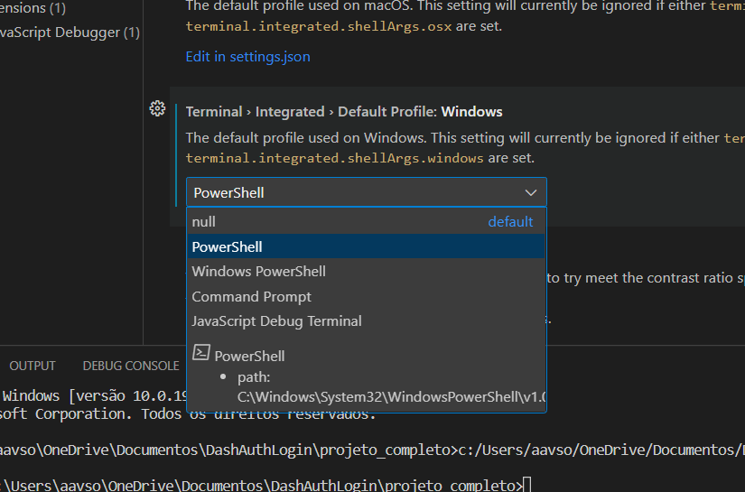 modificando o terminal padãro do vs code