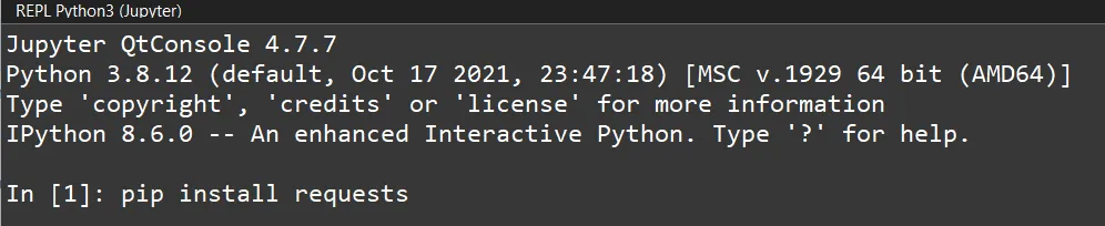 REPL do Mu editor com a instalação da biblioteca requests.