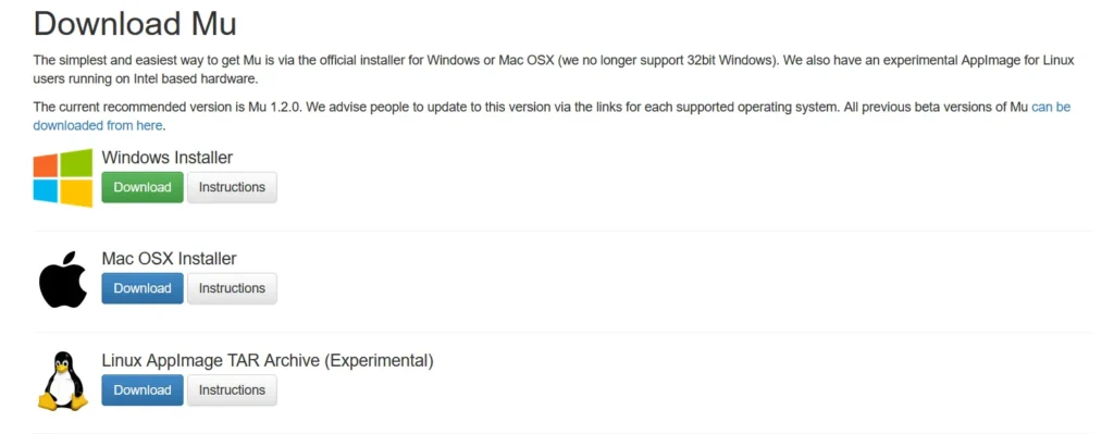 A imagem exibe a página de downloads do Mu Editor