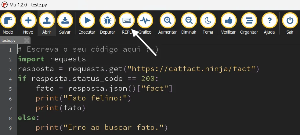 Tela do Mu Editor dando indicação de onde fica o botão do REPL