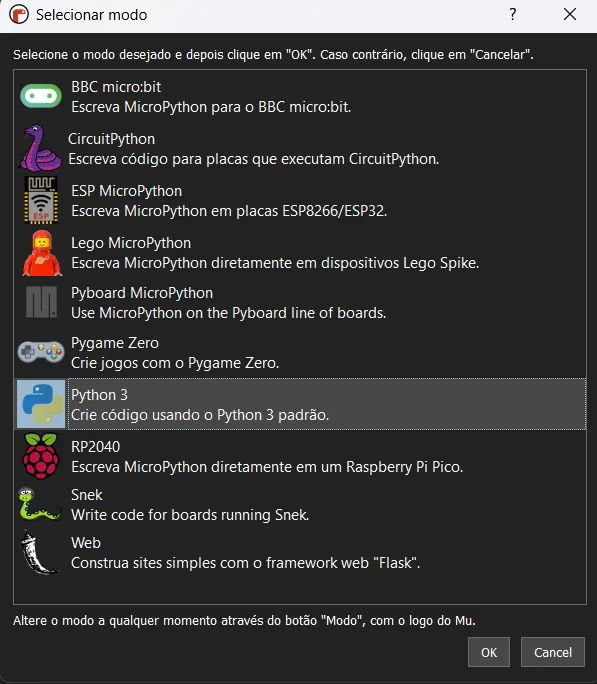 Seleção de modos disponíveis no Mu Editor, com a opção Python 3 selecionada. 