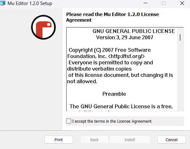 Termos e condições do Mu Editor a serem aceitos.