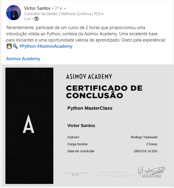 Certificado de conclusão do curso Python Masterclass, da Asimov Academy