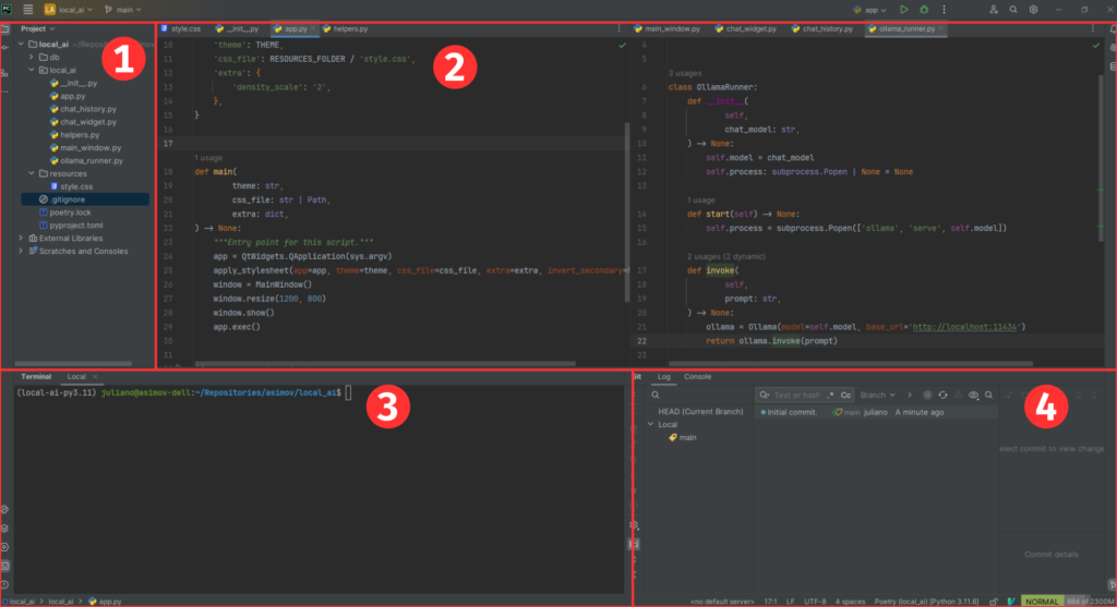 Interface da IDE PyCharm com componentes anotados.