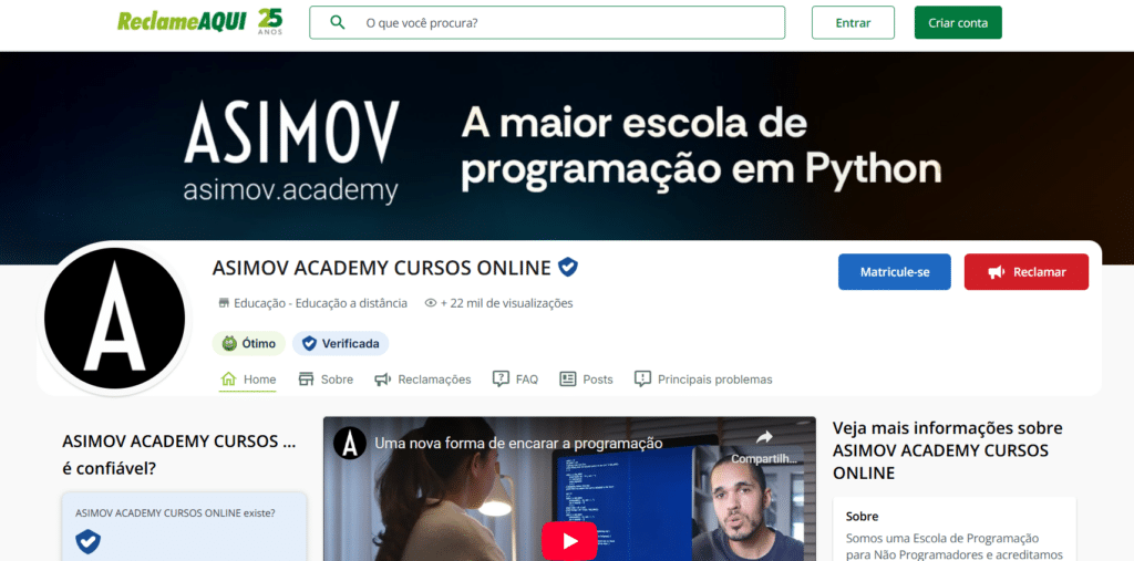 Avaliações da Asimov Academy no Reclame aqui