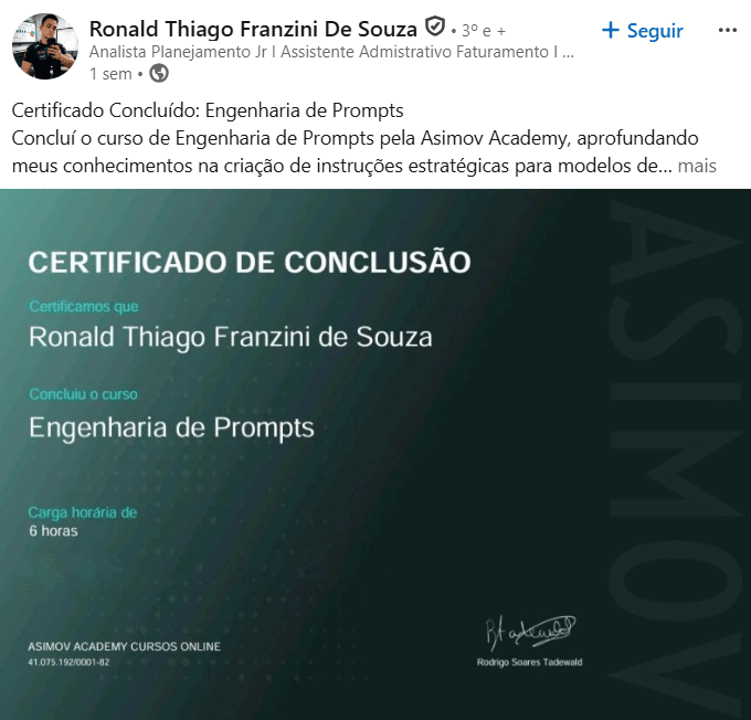 Certificado de conclusão  da Asimov Academy