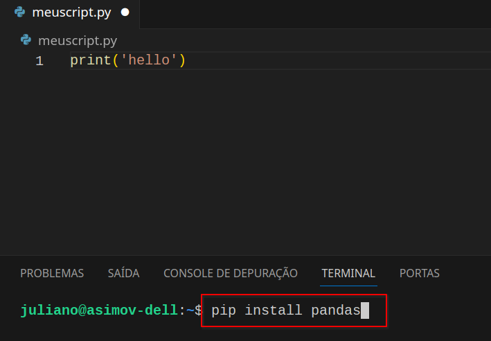 Instalando a biblioteca pandas no VS Code.