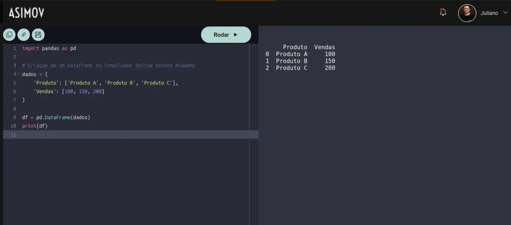 Tela do Compilador de Python Online da Asimov Academy, onde é possível executar a biblioteca pandas Python de forma simples e gratuita.