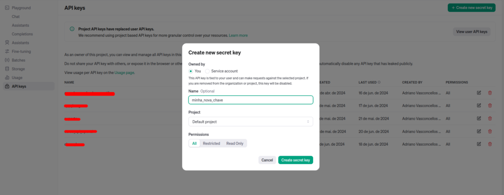 Criando api key n aopenai