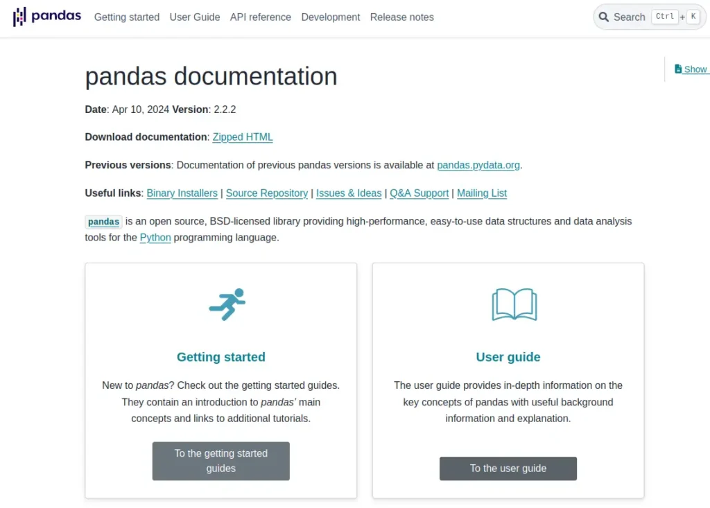 Tela inicial da documentação da biblioteca pandas Python.