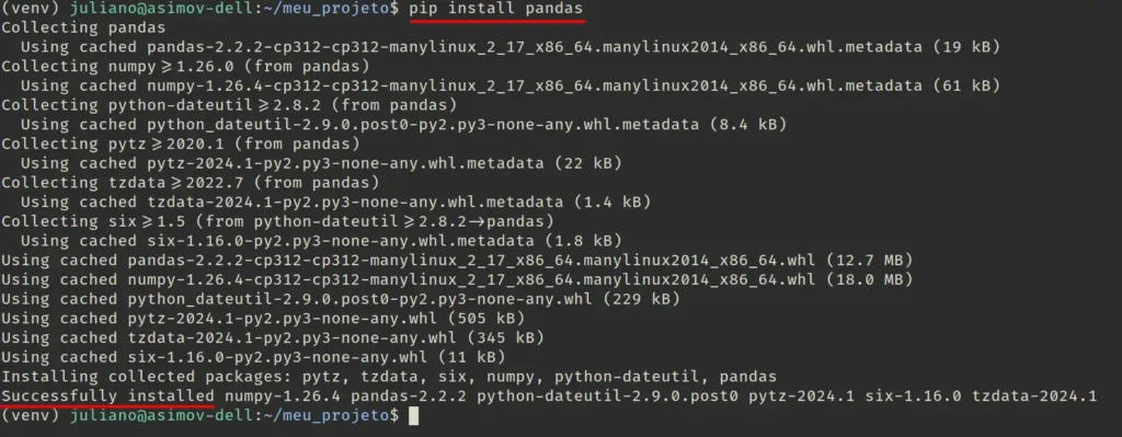 Saída do terminal após digitar do comando "pip install pandas" para instalar a biblioteca pandas python.