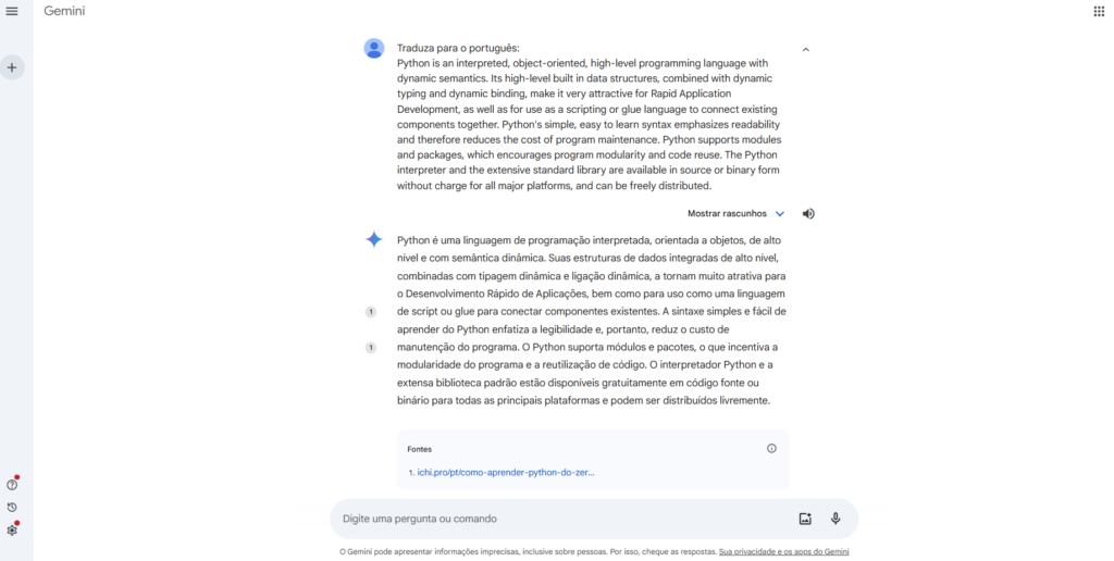 Exemplo de tradução com IA generativa feita com Gemini, do Google