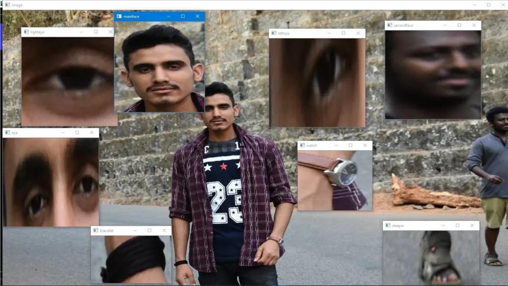 Detecção de rostos, relógio e sandália de dois homens na rua usando OpenCV