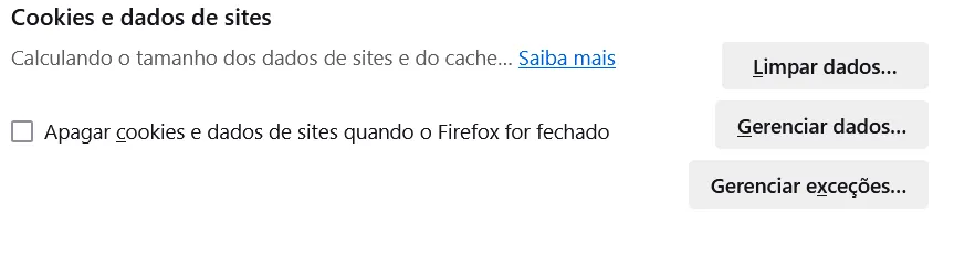 FireFox apagando cookies e dados de sites