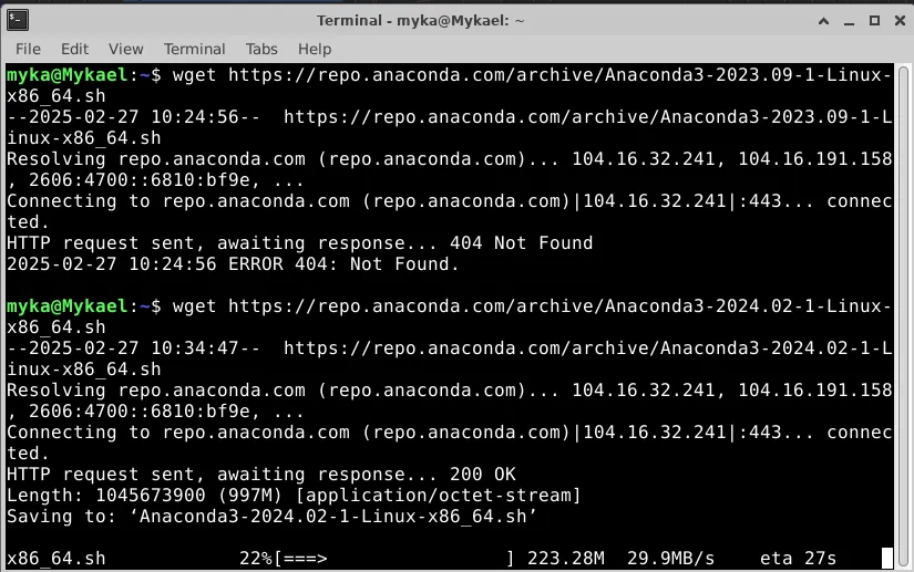 O terminal do Linux durante o Download do pacote Anaconda