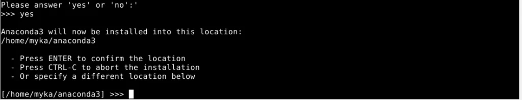Prompt de comando Linux durante a seleção do local para instalação do pacote Anaconda