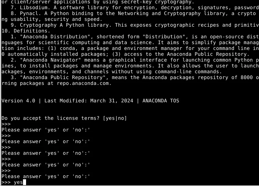 Prompt de comando do Linux, durante a exibição dos termos e condições do Anaconda