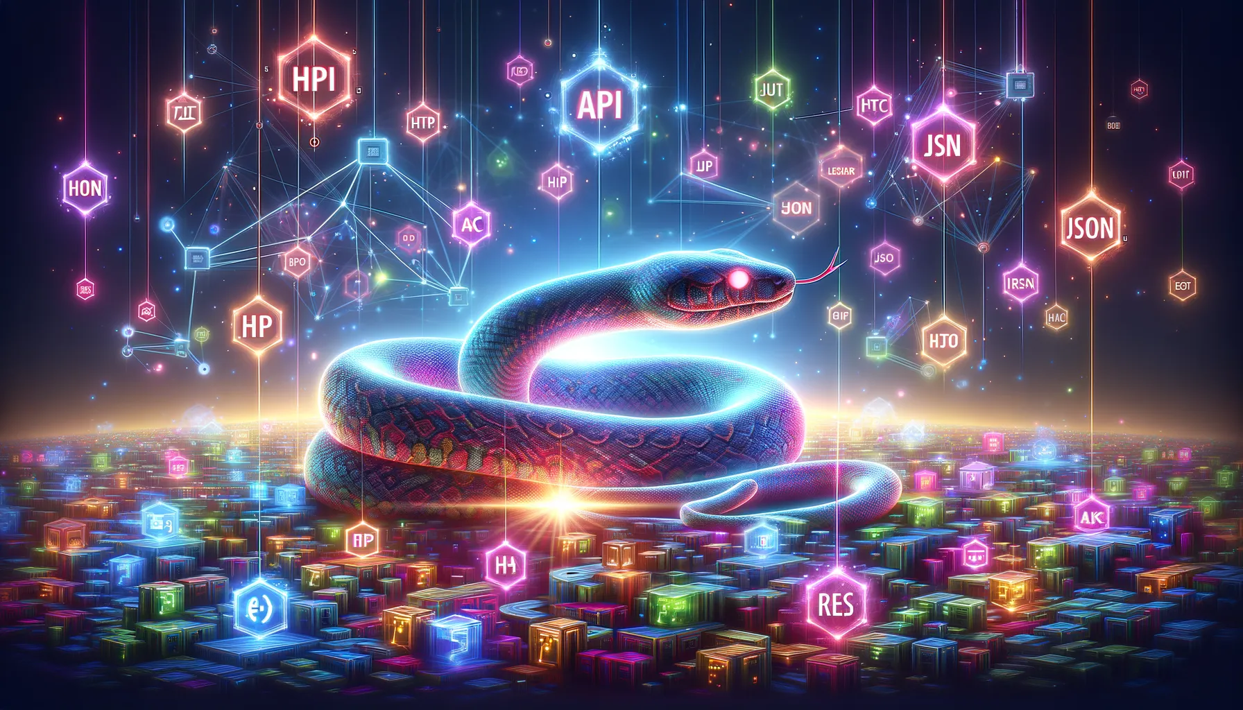 Uma serpente, que representa o Python, cercada por ícones que representam as APIs