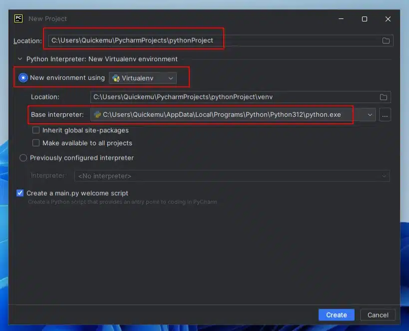 Tela de criação de arquivo no PyCharm