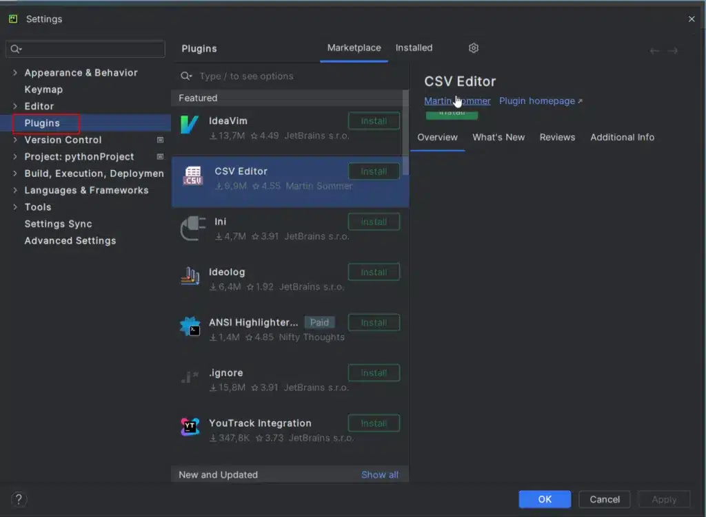 Mostra a tela de seleção de Plugins no PyCharm