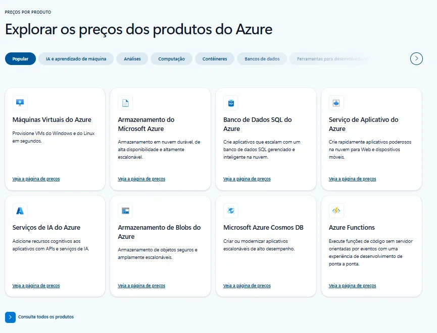 Planos e valores do serviço e produto do Microsoft Azure