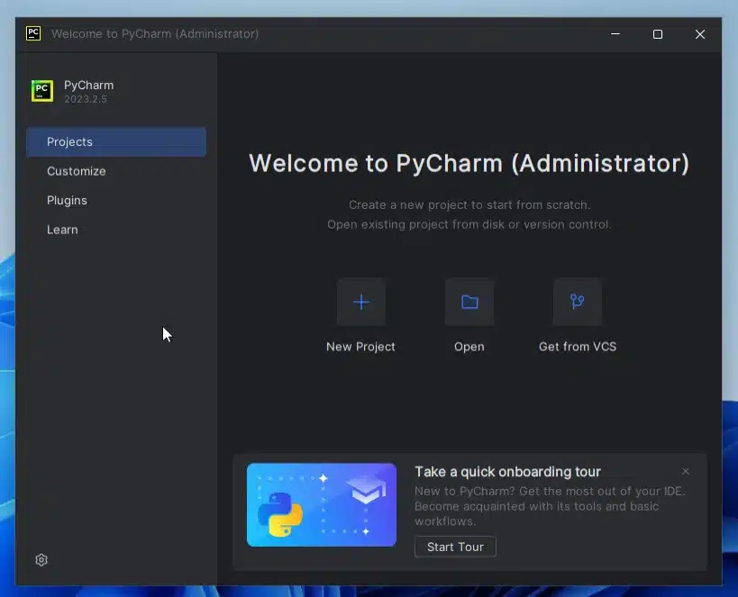 Tela inicial do Pycharm