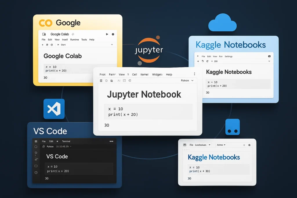 Logos e interfaces do Google Colab, VS Code, Kaggle e outras ferramentas