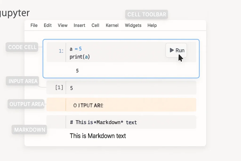 Exemplo de célula do Jupyter mostrando código Python, botão de execução e output gerado