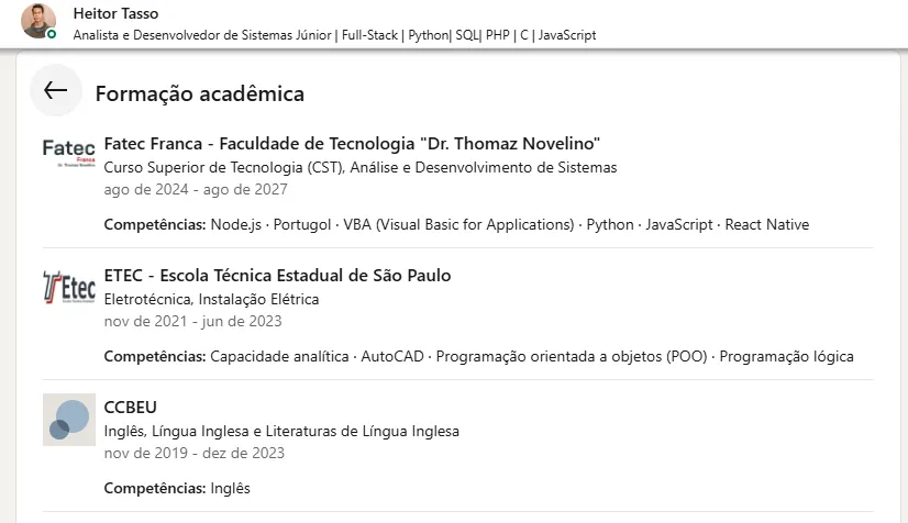 como fazer linkedin na parte de formação acadêmica