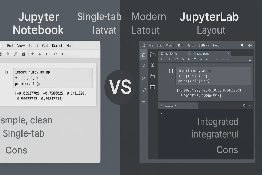 Interface do Jupyter Notebook e Jupyter Lab lado a lado destacando as diferenças
