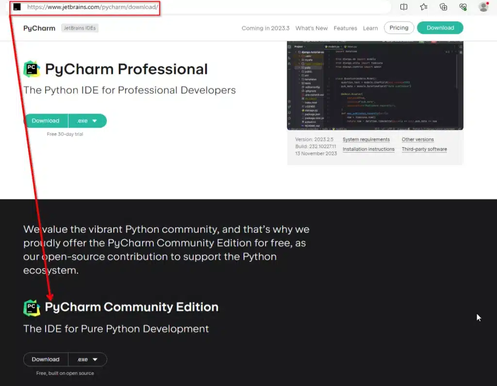 Página de Download Pycharm