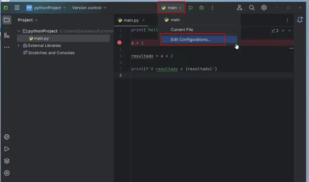 Indica onde acessar configurações de execução no PyCharm
