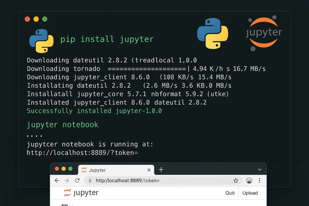Terminal exibindo comandos pip install jupyter e jupyter notebook