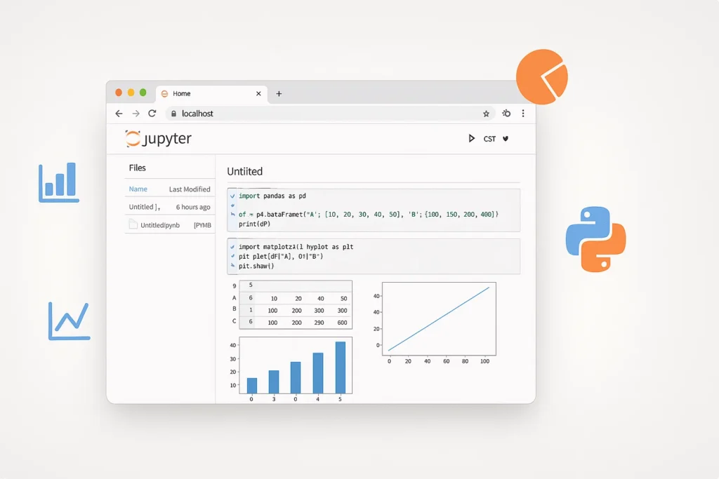 Tela do Jupyter Notebook exibindo células com código Python, gráficos e texto explicativo