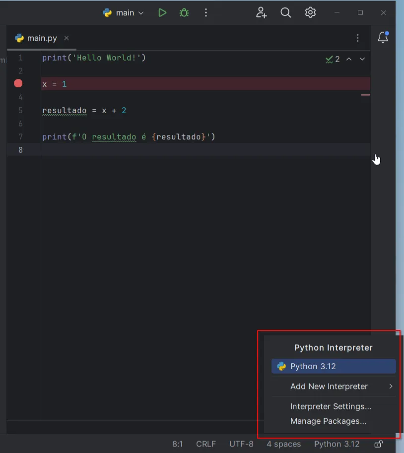 Mostra onde alterar o interpretador de Python no PyCharm
