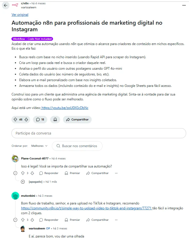 Automação com templates n8n compartilhado no reddit