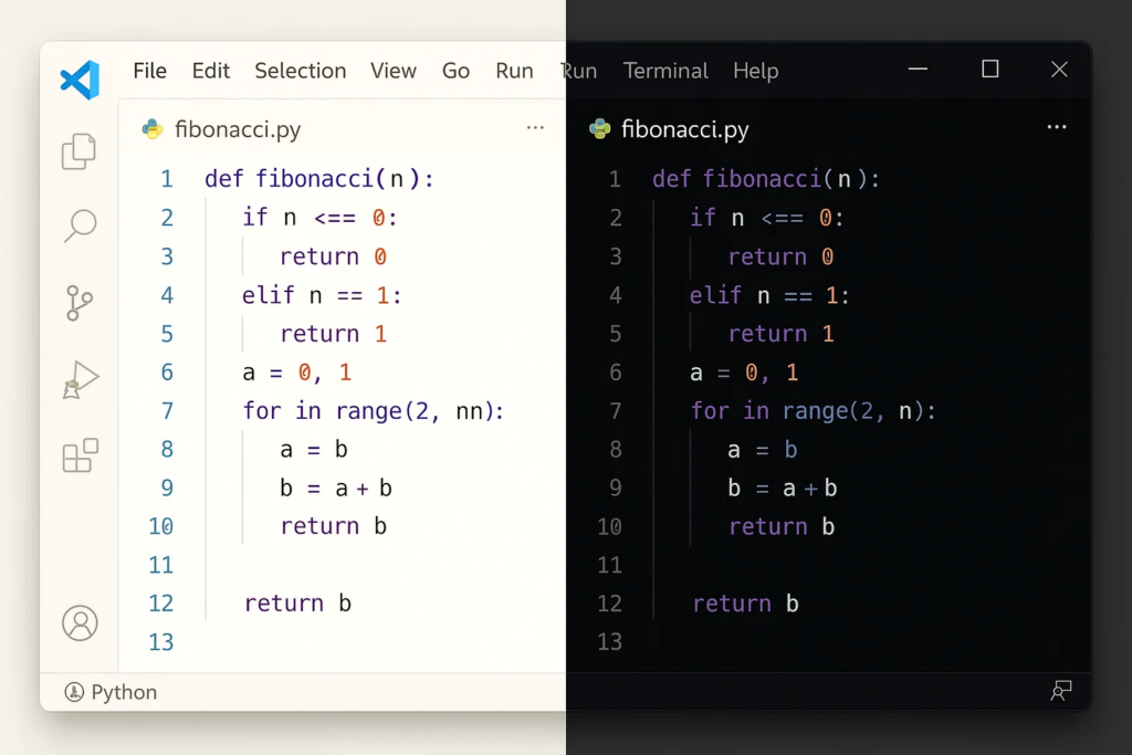 Interface do VS Code nos modos claro e escuro mostrando código Python