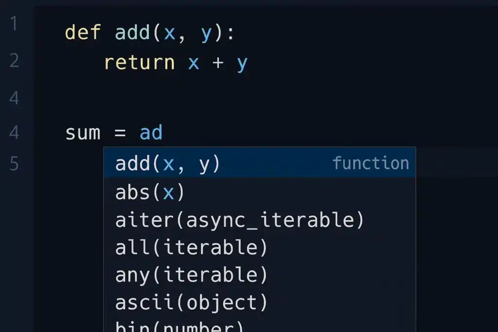 Sistema IntelliSense oferecendo sugestões contextuais para código Python