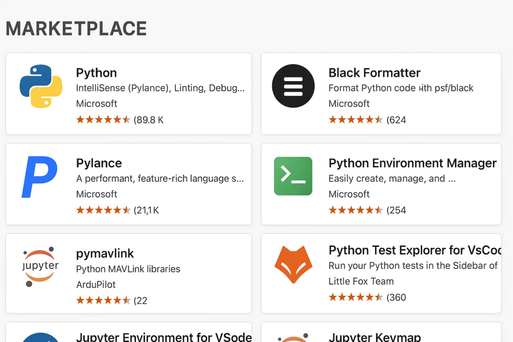 Marketplace mostrando extensões populares para desenvolvimento Python