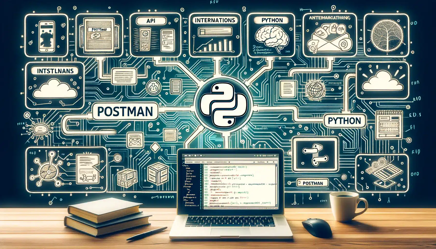 Ilustração de um computador com várias conexões, representando o funcionamento das APIs, com destaque para os nomes Python e Postman.
