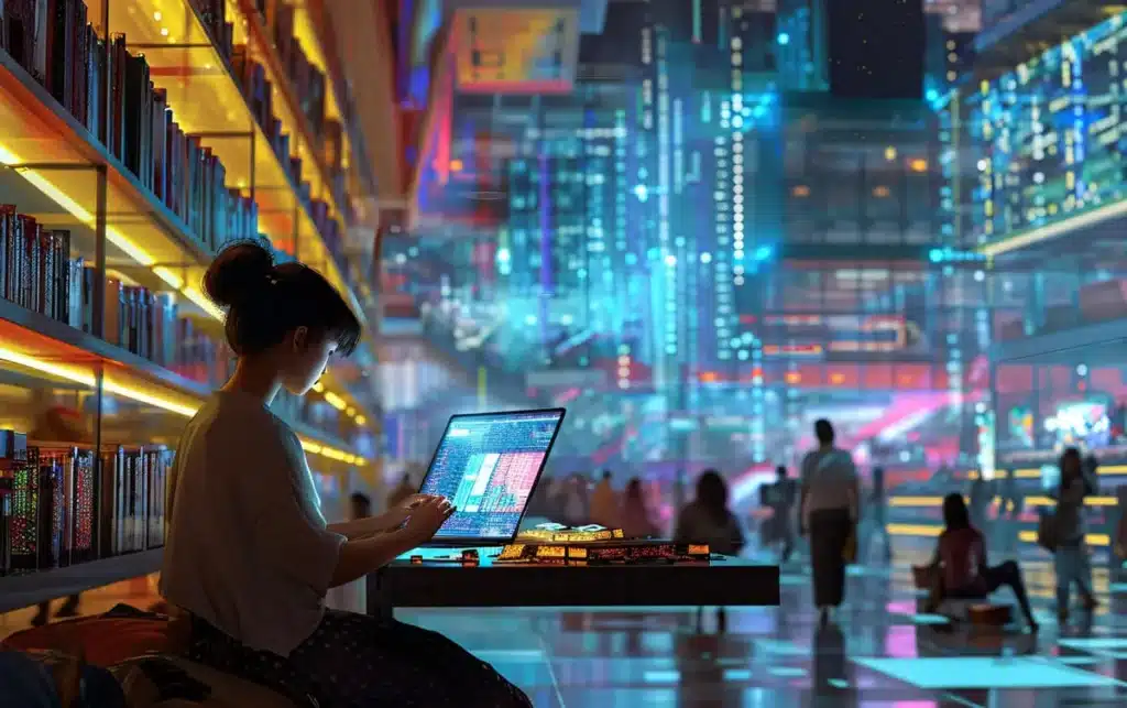Jovem estudando na biblioteca usando IA e tecnologia