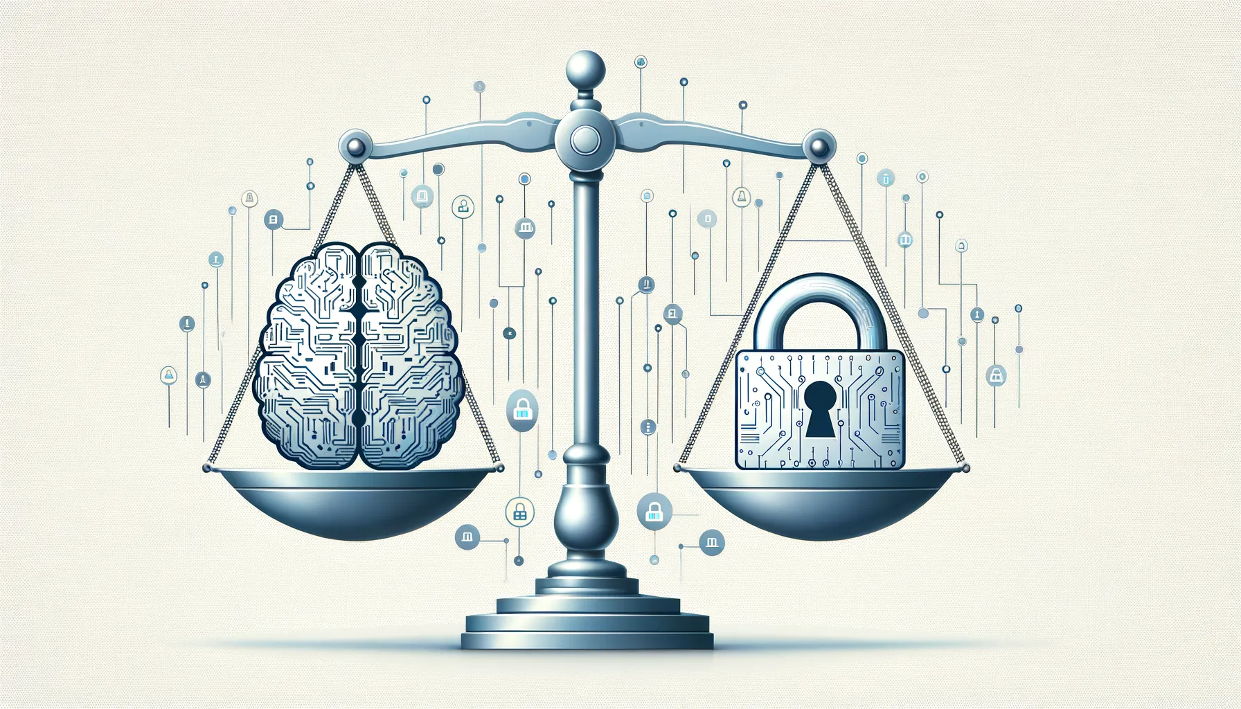 Uma balança mostrando o equilíbrio entre as ferramentas de inteligência artificial e a privacidade
