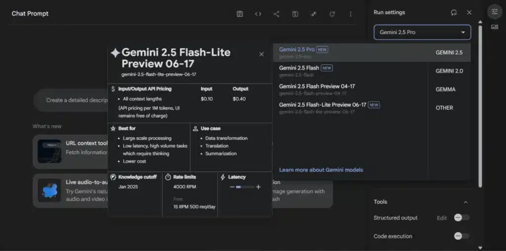 Modelos do Gemini no Google AI Studio