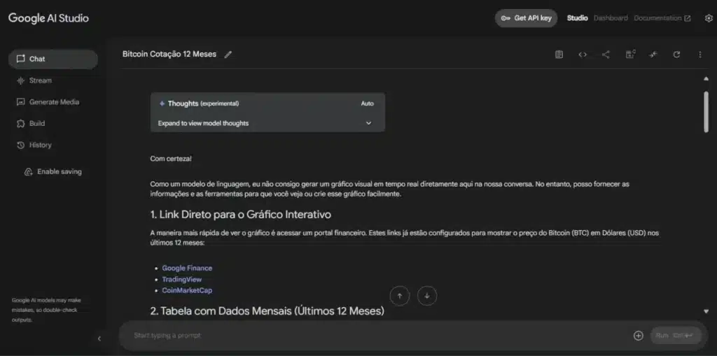Exemplo pesquisa Google AI Studio