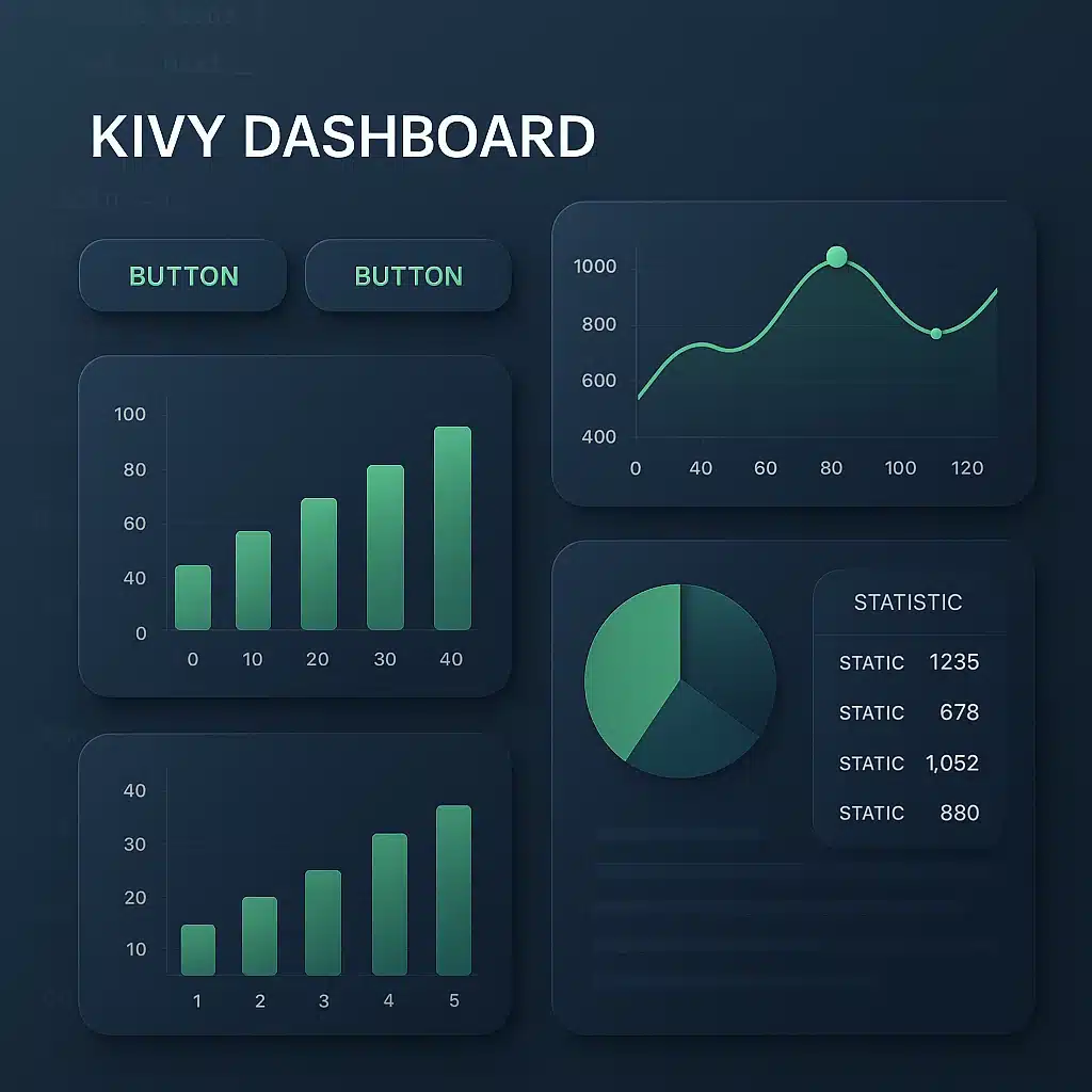 Interface gráfica moderna criada com Kivy Python mostrando dashboard interativo