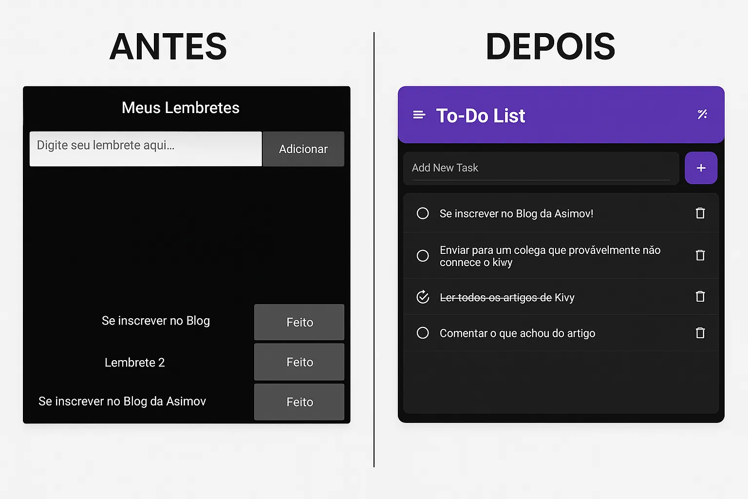 Comparação visual entre interface Kivy básica com botões simples e versão moderna usando Material Design