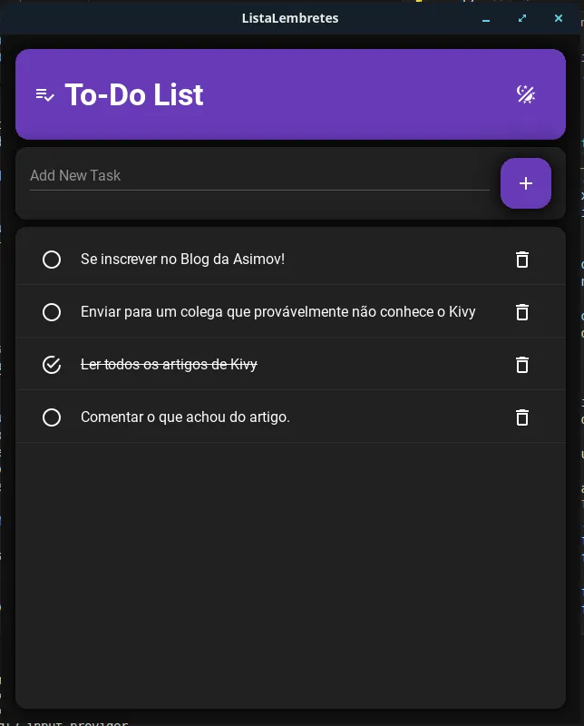 Aplicação final de lista de lembretes com design Material Design implementado usando KivyMD