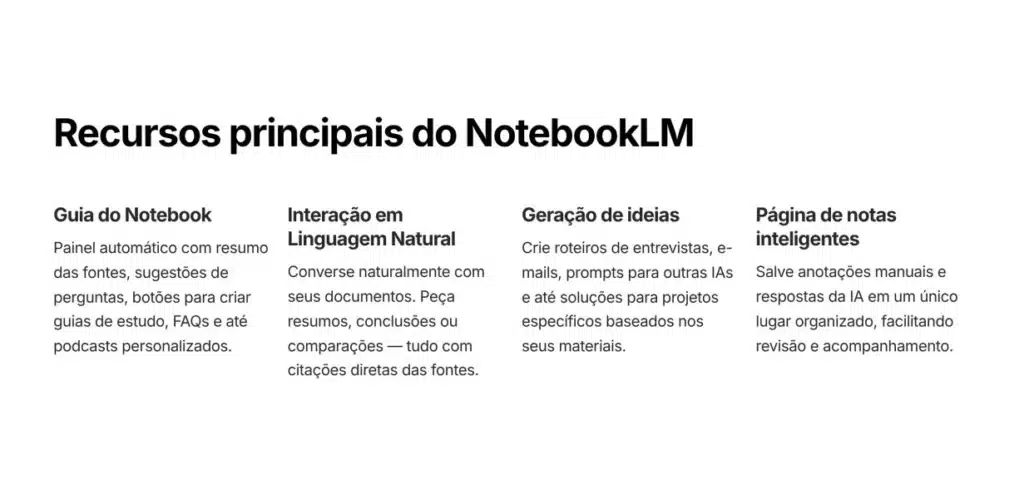 Principais recursos do NotebookLM