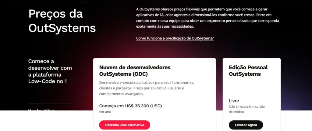 Planos e valores da plataforma Outsystems